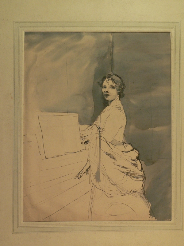 M 86. Lady standing at piano, 3/4 length
