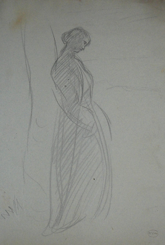 99ch Standing Woman in long dress, looking down