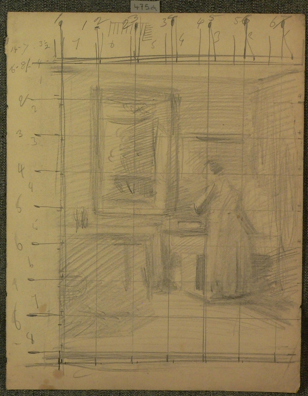475ch . study, squared up drawing for an interior, lady at the sink beside large window